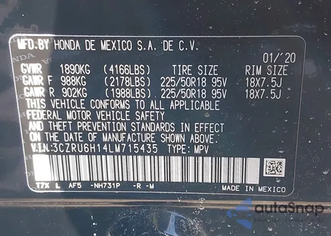 2020 Honda Hr-V Awd Sport из США, поврежденный, VIN 3CZRU6H14LM715435